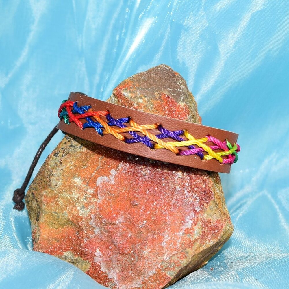 Caz Punch Cross Stitch Leather Bracelet Blue Purple Orange Brown Gift Packaged